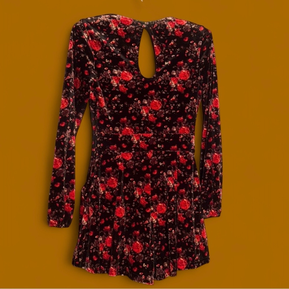 Charlotte Russe Red and Black Floral Long Sleeve romper Dress